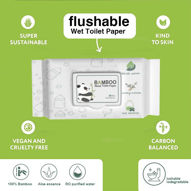  Natural Bamboo Wet Tissue Hypoallergenic Biodegradable Wet Toilet Paper, 48pcs/pack